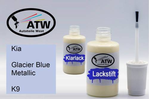 Kia, Glacier Blue Metallic, K9: 20ml Lackstift + 20ml Klarlack - Set, von ATW Autoteile West.